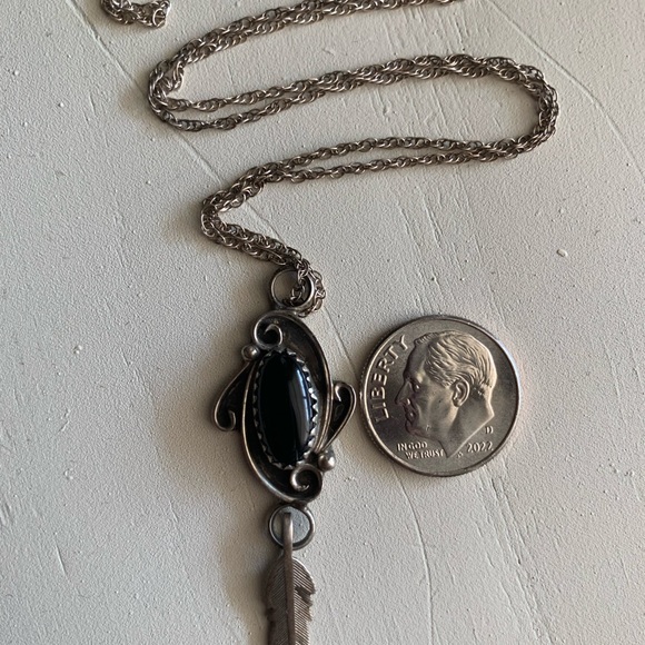 Native American Black Onyx, Sterling Silver Necklace with Feather - Picture 5 of 5